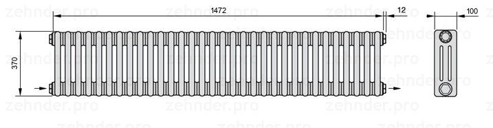 Схема (чертеж) Радиатор Zehnder Charleston 3037/32 №2670 Белый глянцевый RAL 9016